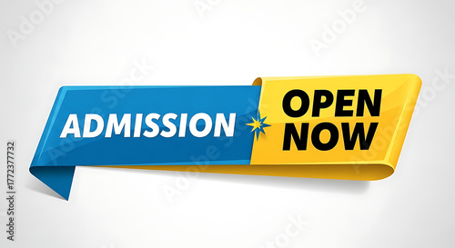 Modern Blue Admission Ribbon with Yellow Open Now Label Background
