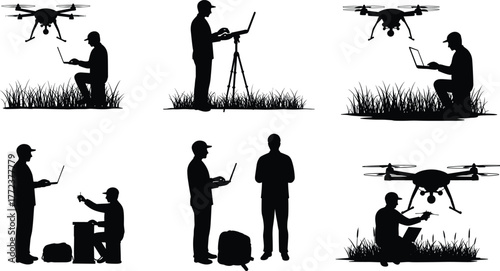 Drone operator silhouette collection, people controlling drone with laptop, outdoor technology concept, aerial photography, quadcopter flying vector illustration design