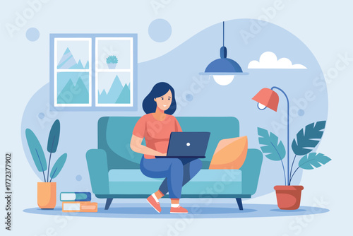Cozy Home Office Scene With Woman On Sofa Working On Laptop In Modern Living Room