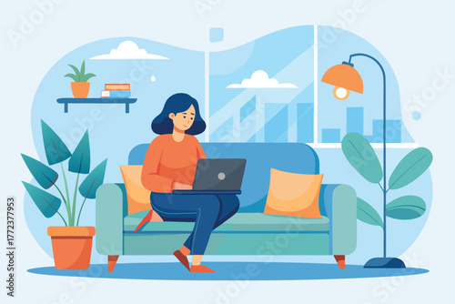 A tranquil living room scene shows a person on a sofa using a laptop, with plants, a warm lamp, and city view through a large window, conveying remote work and cozy home productivity.