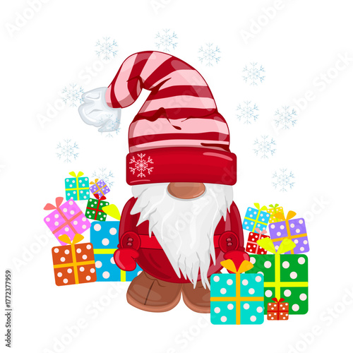 Christmas gnome with gift box isolated on white background. Elf with Santa hat and pile presents. Dwarf wearing red cap, gift boxes and snowflakes around.Festive winter Santa Claus.Vector illustration