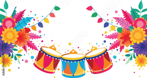 Holi festival border with splashes of colorful powder, floral garlands, and festive drums.