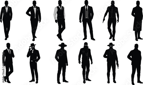Elegant male silhouette collection in suits and fashion outfits, stylish men vector design for business, fashion, and lifestyle illustration