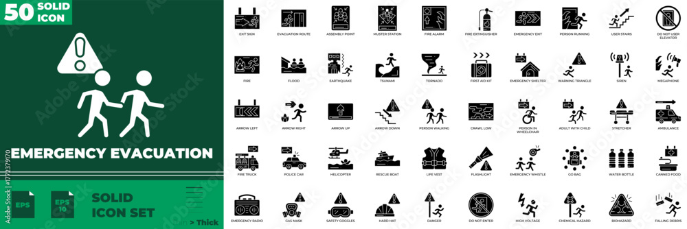 Naklejka premium Emergency Evacuation Solid Editable Icons set. Vector illustration in modern thin solid style of Emergency Evacuation icons: evacuation, rescue, disaster, etc