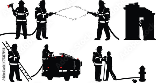 Firefighters team working with water hose, rescue mission at burning house, emergency response, fire truck scene, firefighting safety illustration
