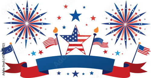 Independence Day border with fireworks, ribbons, and patriotic stars, realistic illustration.