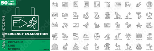 Emergency Evacuation Line Editable Icons set. Vector illustration in modern thin line style of Emergency Evacuation icons: evacuation, rescue, disaster, etc