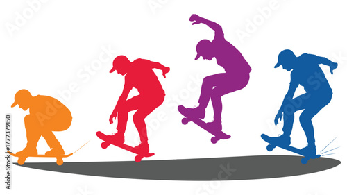 Four skateboarders in different poses with different colors on a white background silhouette style