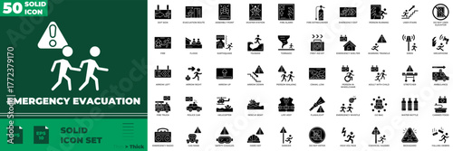 Emergency Evacuation Solid Editable Icons set. Vector illustration in modern thin solid style of Emergency Evacuation icons: evacuation, rescue, disaster, etc