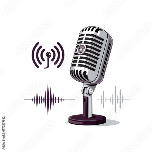 Vintage Retro Microphone with Sound Waves and Radio Broadcast Symbol