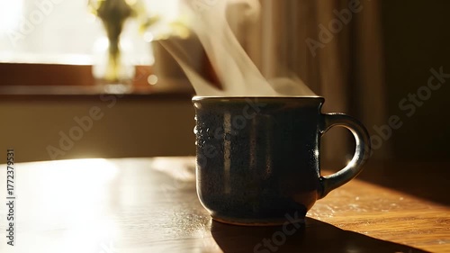 A close-up of a steaming mug on a wooden table, bathed in warm sunlight