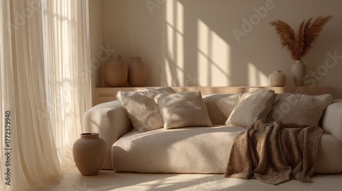 Warm minimal living room interior with natural light