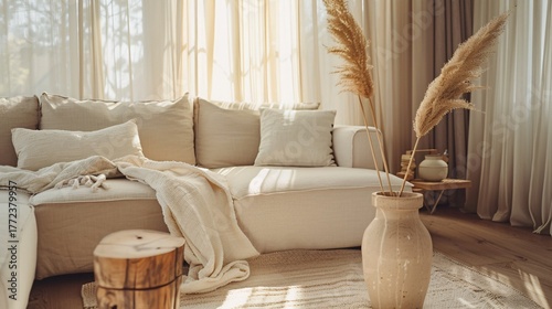 Warm minimal living room interior with natural light