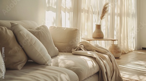 Warm minimal living room interior with natural light