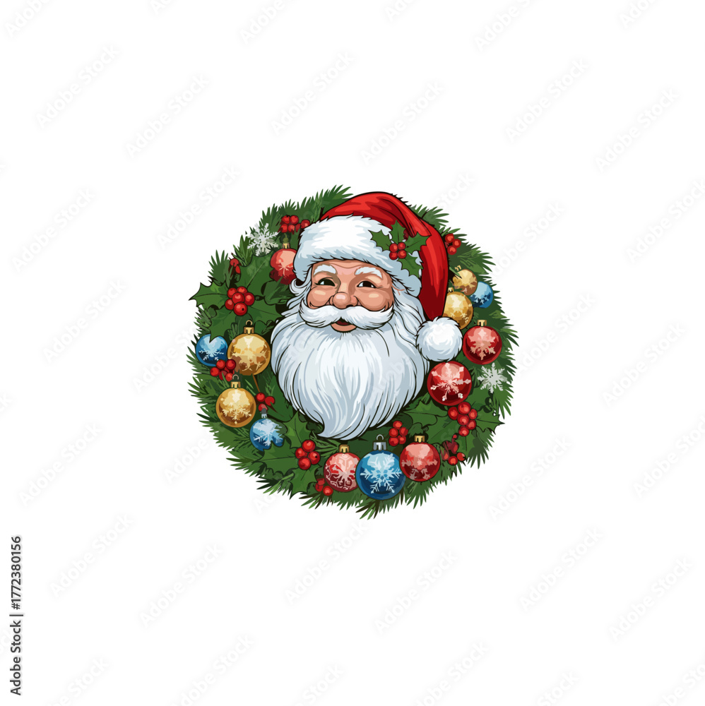 Obraz premium Illustration of Santa Claus's face surrounded by a festive Christmas wreath adorned with ornaments, berries, and green foliage.