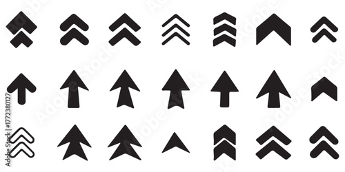 Set swipe up arrows icons. Different black arrows sign upwards. Scroll or swipe up. Graphic vector elements for web, applications, infographic, social media. Collection of swipe up icons arrows