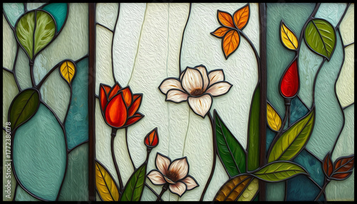 Colorful stained glass window. Botanical pattern. Multicolored interior design template.