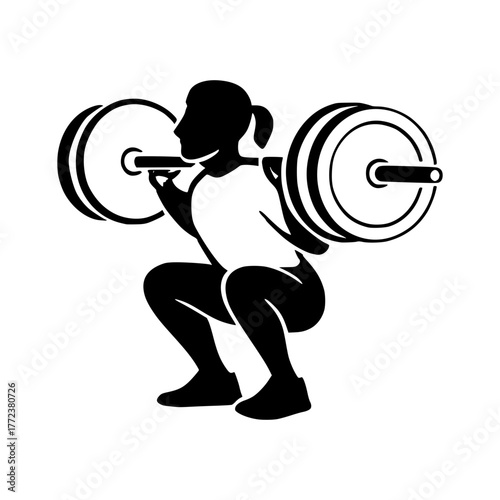 Strong woman lifting heavy barbell in squat position, fitness icon for gym workouts and strength training