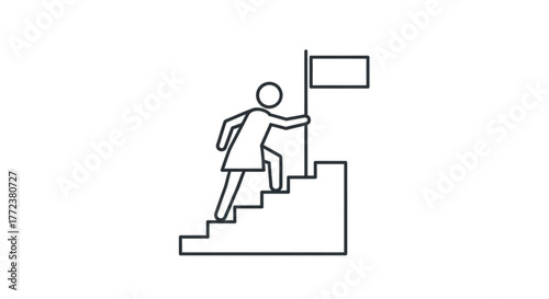 Woman climbing stairs to reach a flag representing achievement and success in a minimalist outline style created with generated ai
