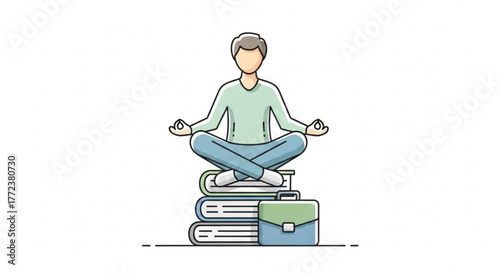 Man meditates on a stack of books and briefcase in a cross legged position with a peaceful expression created with generated ai