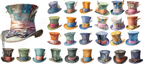 Watercolor Mad Hatter Top Hats Clipart