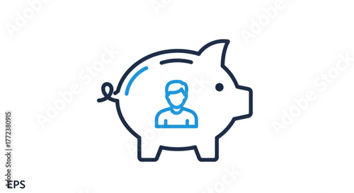 Piggy bank outline with person inside in blue and black on a white background in a vector graphic created with generated ai