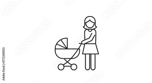 Illustration of a woman with short hair pushing a baby stroller in a simple line drawing style image created with generated ai