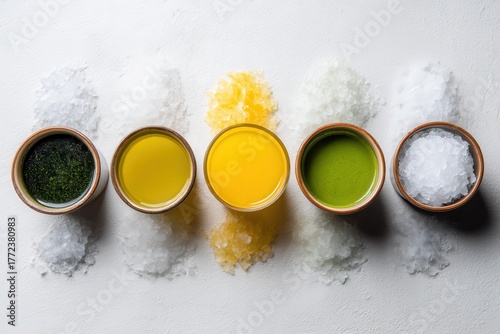 Colorful culinary presentation of exquisite oils and salts in ceramic dishes arranged artistically on a clean background accentuating gastronomic creativity and flavor enhancement