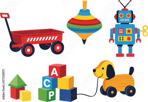 Pixel Art Toys Including Red Wagon Spinning Top Robot Dog and Blocks on White Background