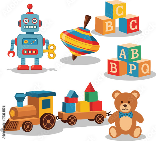 Retro windup robot colorful spinning top building blocks train and teddy bear toys collection