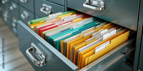 Organized file drawer filled with colorful folders for office document management and sorting