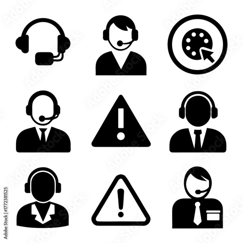 Software troubleshooting and support icons — bug fix, warning, headset.