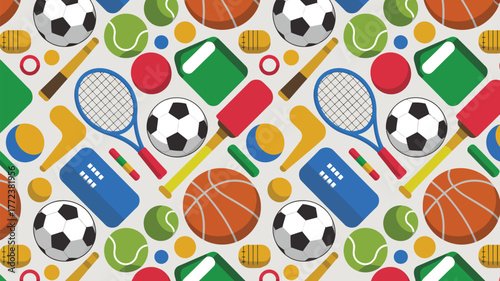 A colorful seamless pattern featuring various sports equipment scattered across a light gray background