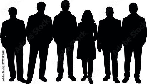 Silhouettes of professional business people standing in a row teamwork concept