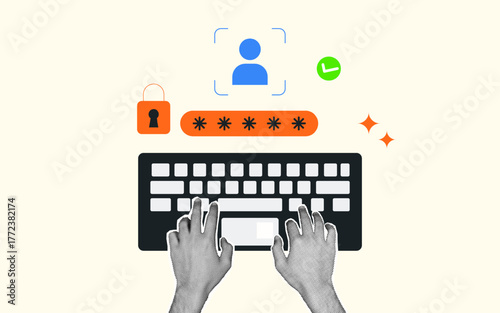 Secure login illustration showing password entry with halftone collage hand gesture typing, and data protection. for cybersecurity, authentication, and online privacy topics. digital security