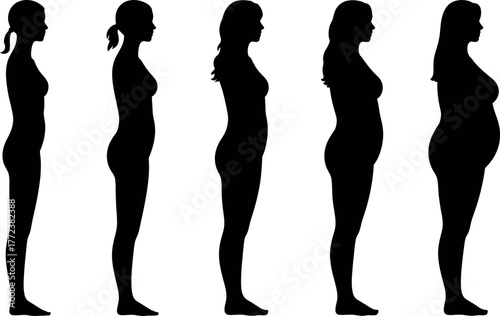 Stages of womans body changes concept of weight loss and pregnancy