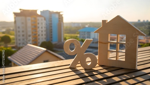 Lower interest rates dream with percentage sign and house for real estate and mortgage, home loan concept in the warm sunlight, finance