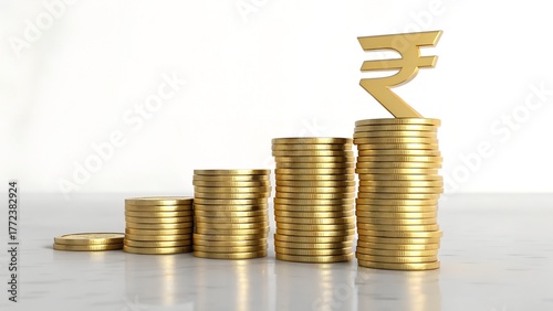 Growing wealth with golden Indian Rupee coins showing financial success and investment growth for business and personal finance concepts