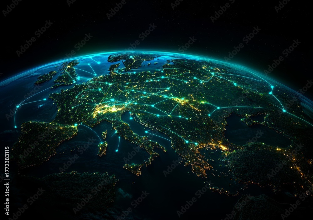 Obraz premium Stunning global network connecting Europe, showcasing vibrant city lights, perfect for technology, business, or travel concepts and modern communications
