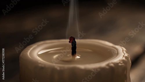 Close-up of a lit candle with melting wax and subtle smoke against a blurry brown backdrop