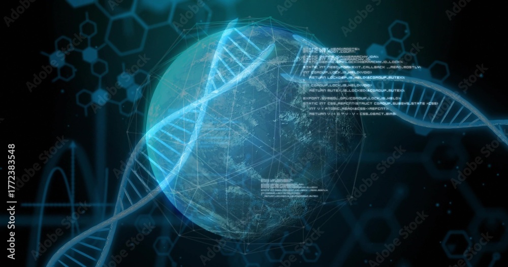 Fototapeta premium Earth globe rotating in virtual interface, with DNA helix, network grid and code fragments