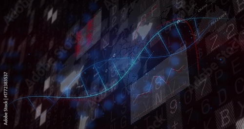 Rendering glowing DNA helix rotating in data visualization environment, with translucent panels
