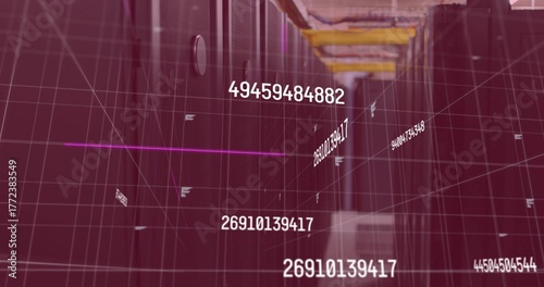 Streaming datacenter aisle with server racks, cable trays, floating numeric points, grid overlay