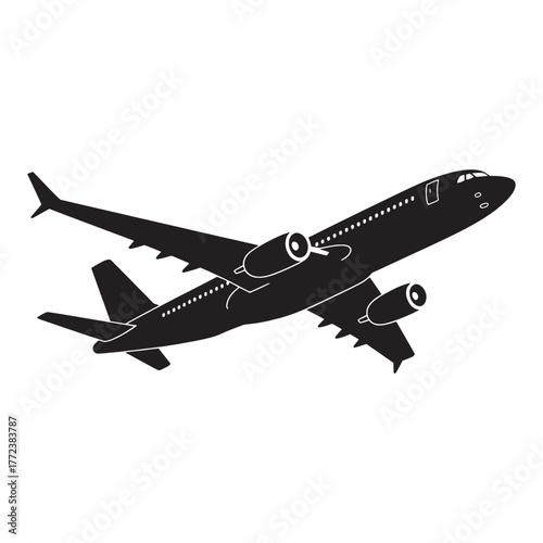 Black silhouette of a passenger jet airplane in flight against a white background aircraft aviation