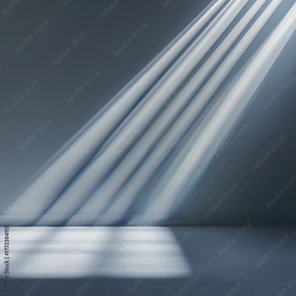Obraz premium Dramatic light rays illuminating empty room, perfect for product placement, creating a sense of hope and inspiration, ideal for design projects