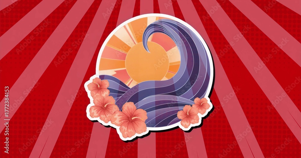 Fototapeta premium Showing circular motif shining on red burst background, with golden sun, purple wave and hibiscus