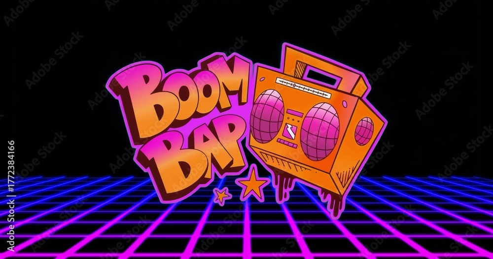 Fototapeta premium Hovering graffiti Boom Bap text and dripping boombox above neon grid and three stars, synthwave