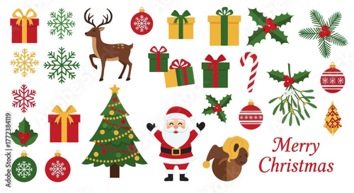 A vibrant collection of festive Christmas icons including Santa Claus, a decorated tree, reindeer, gifts, snowflakes, holly, mistletoe, and ornaments, set against a white background.