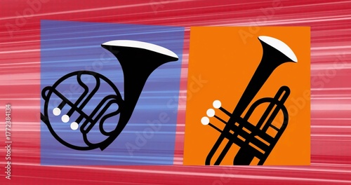 Displaying stylized French horn and trumpet on illustration, contrasting blue and orange panels