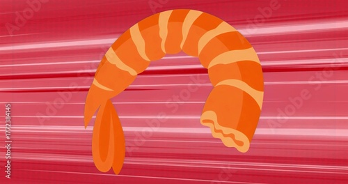 Sliding stylized shrimp across red background, with motion streaks and segmented orange body